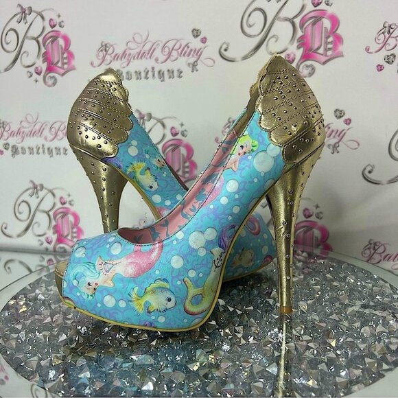 Iron Fist Lollipop Lorelei Peep Toe Platform mermaid Gold Blue Heels shoes - Picture 1 of 9